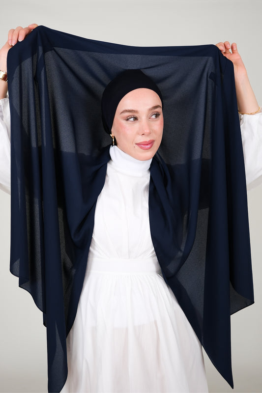 Mıknatıslı Ve Boneli Şifon Şal - Lacivert