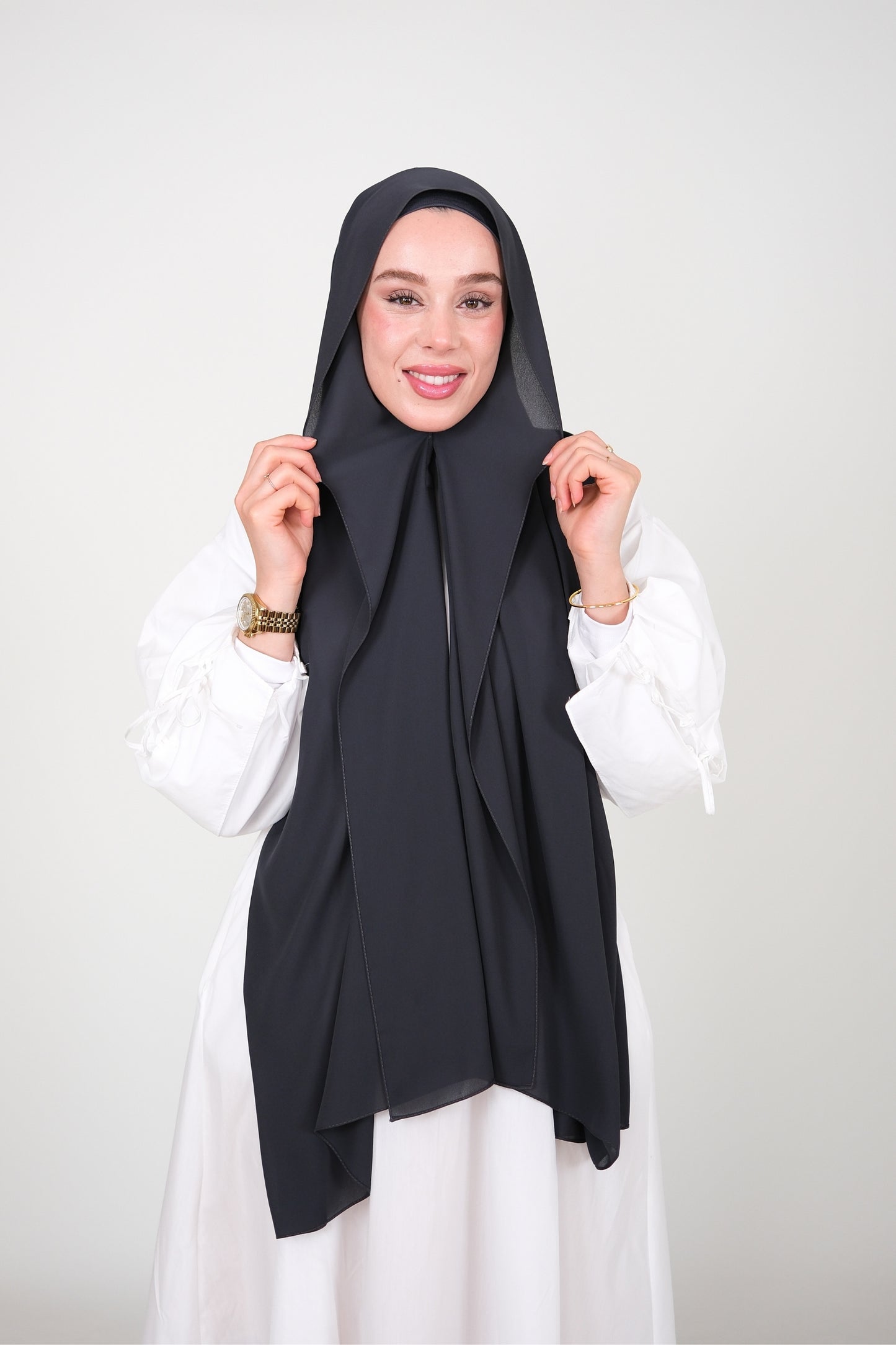 Mıknatıslı Ve Boneli Şifon Şal - Füme Antrasit