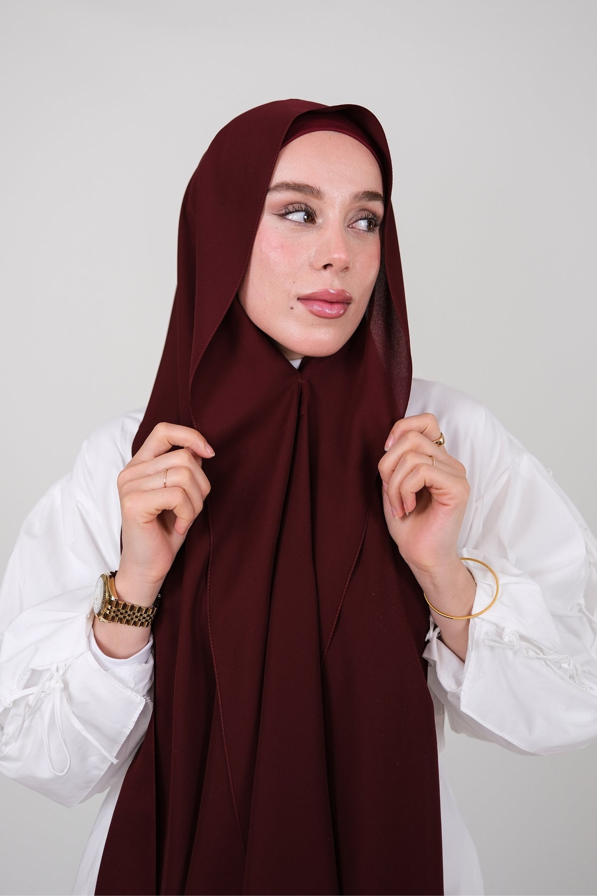 Mıknatıslı Ve Boneli Şifon Şal - Bordo