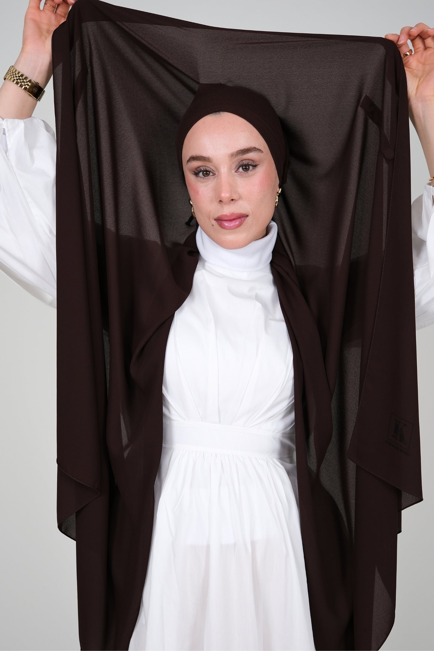 Mıknatıslı Ve Boneli Şifon Şal - Acı Kahve