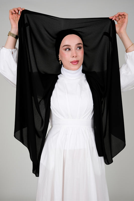 Mıknatıslı Ve Boneli Şifon Şal - Siyah