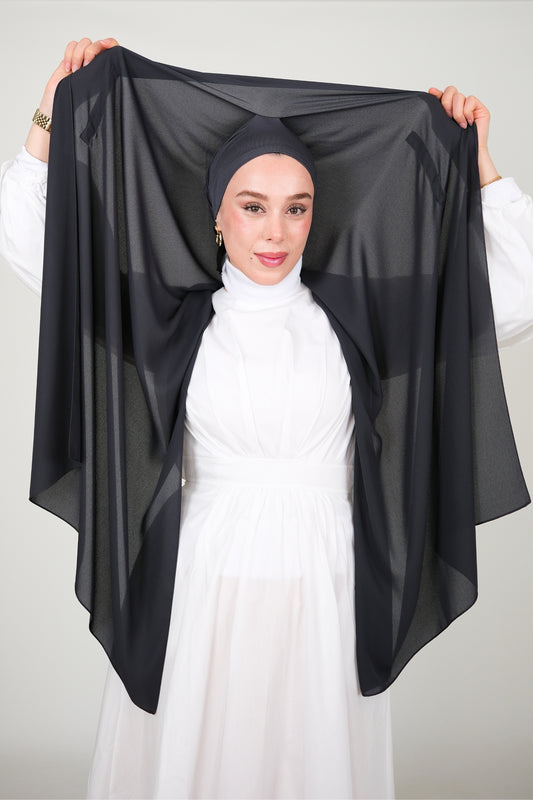 Mıknatıslı Ve Boneli Şifon Şal - Füme Antrasit