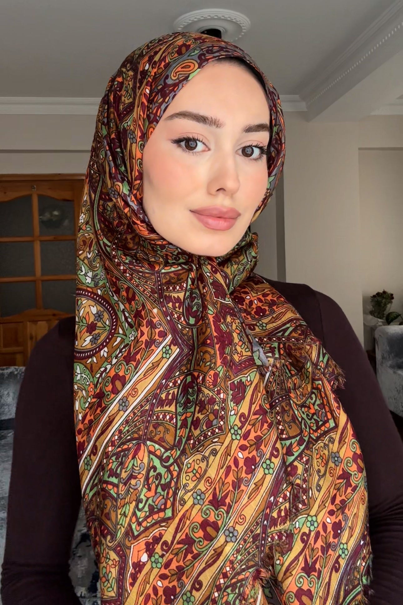Hint İpeği Şal Dream Desen Hardal&Kahve
