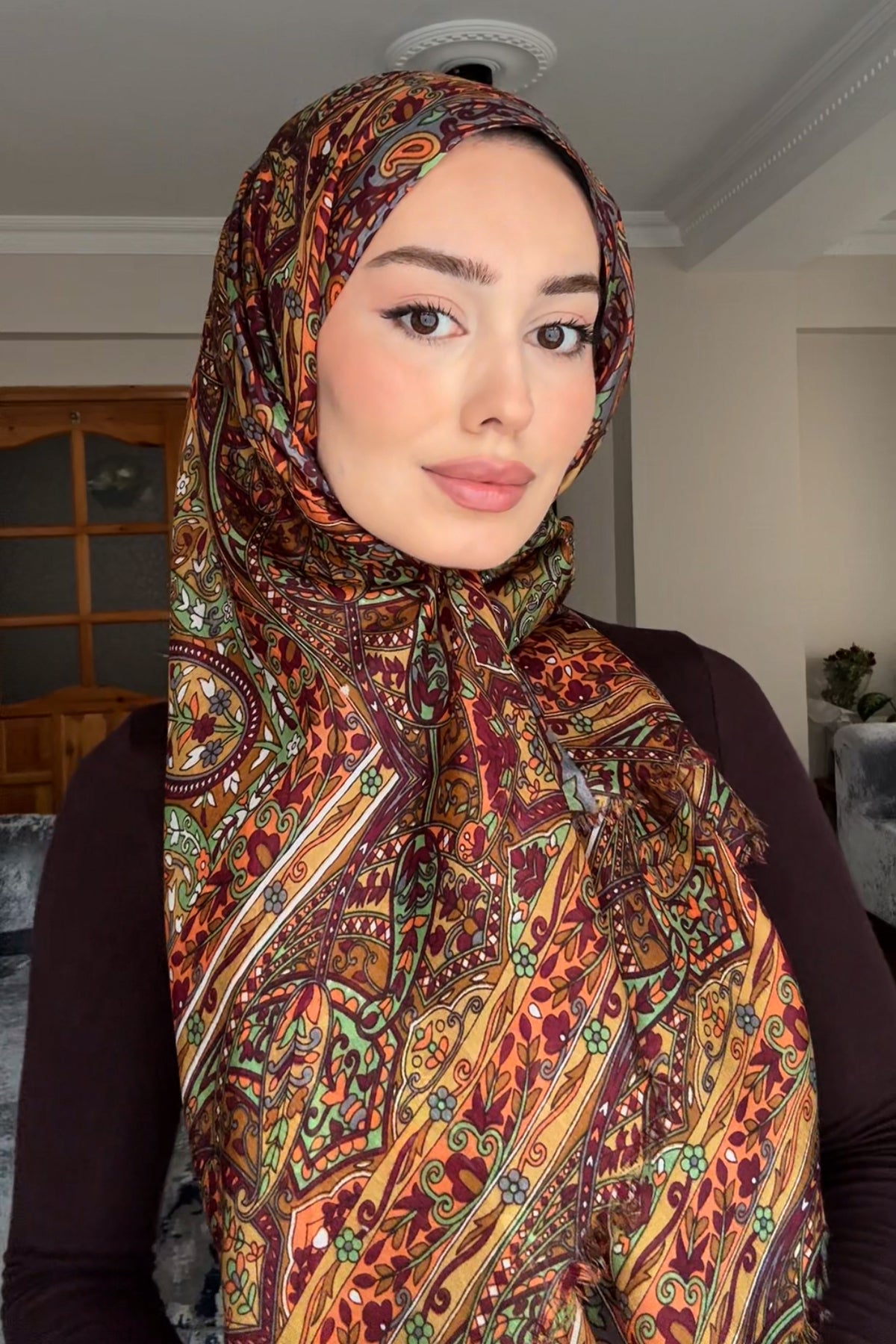 Hint İpeği Şal Dream Desen Hardal&Kahve
