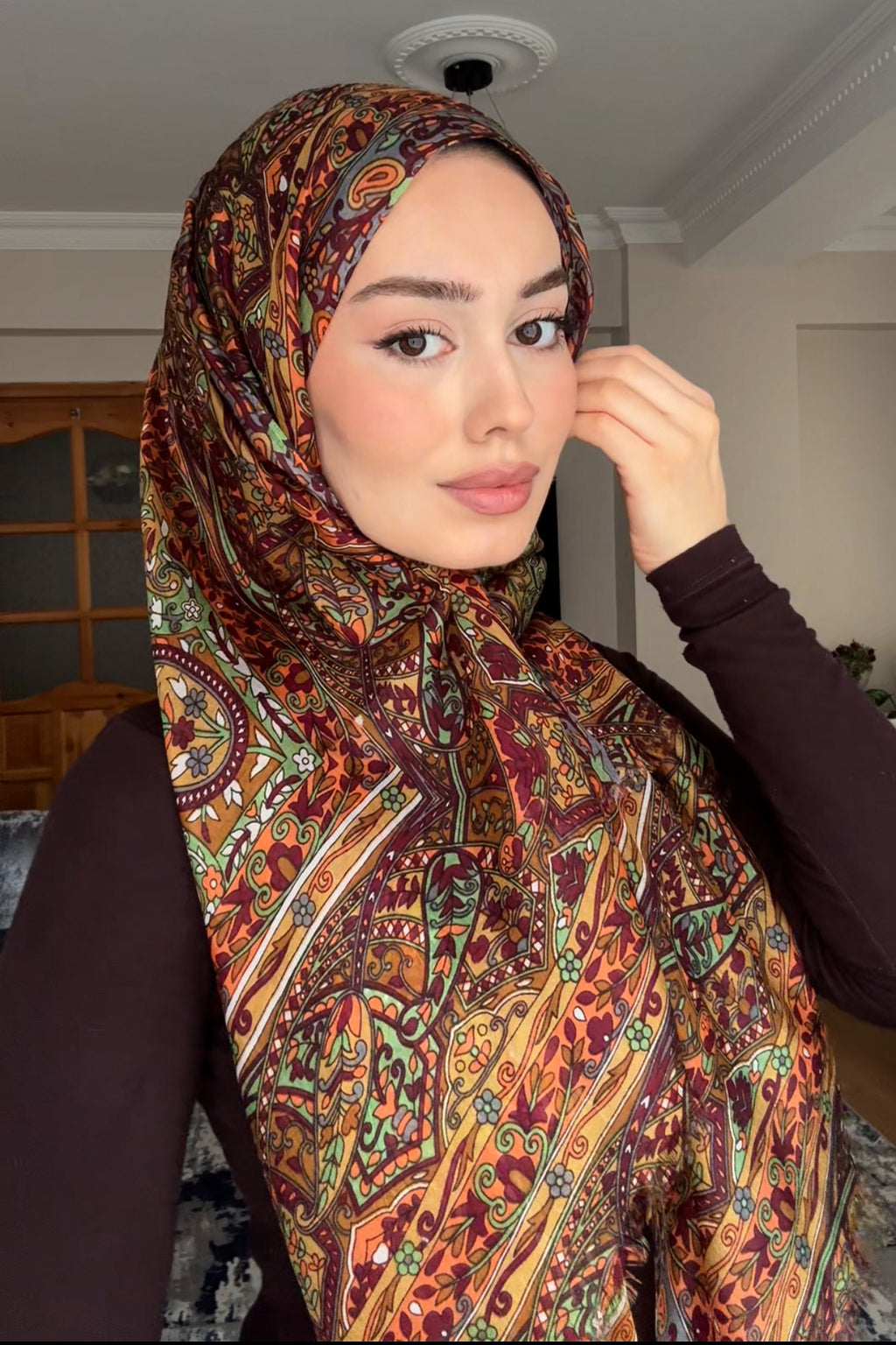 Hint İpeği Şal Dream Desen Hardal&Kahve