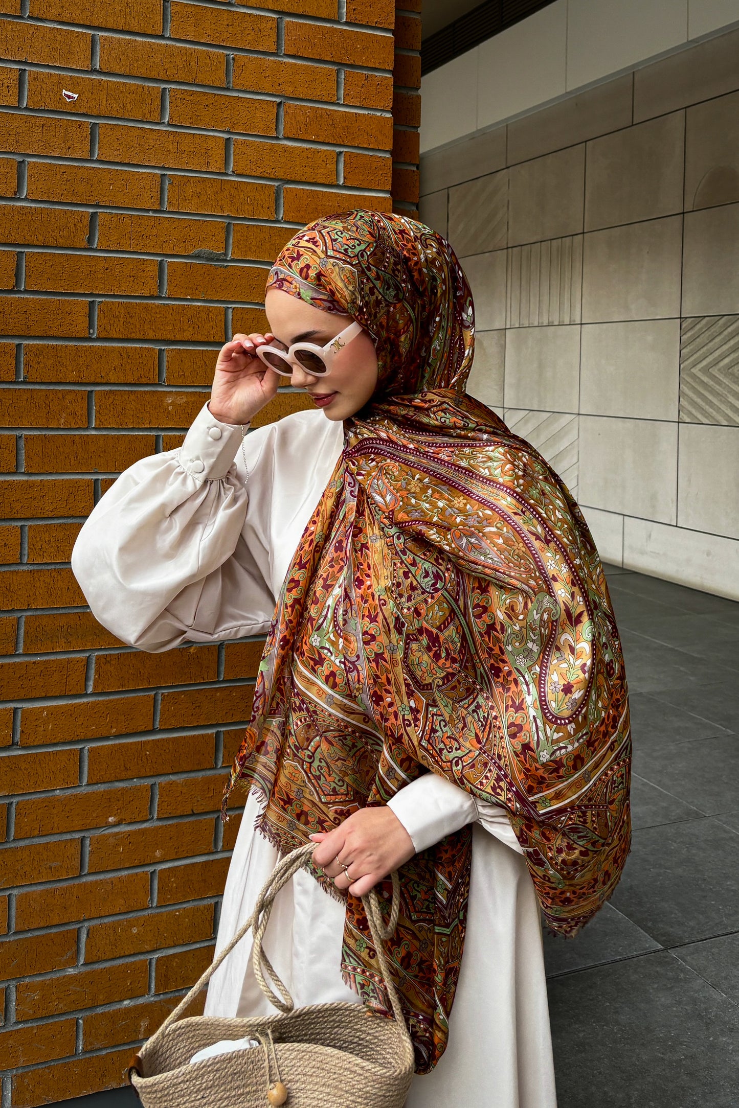 Hint İpeği Şal Dream Desen Hardal&Kahve