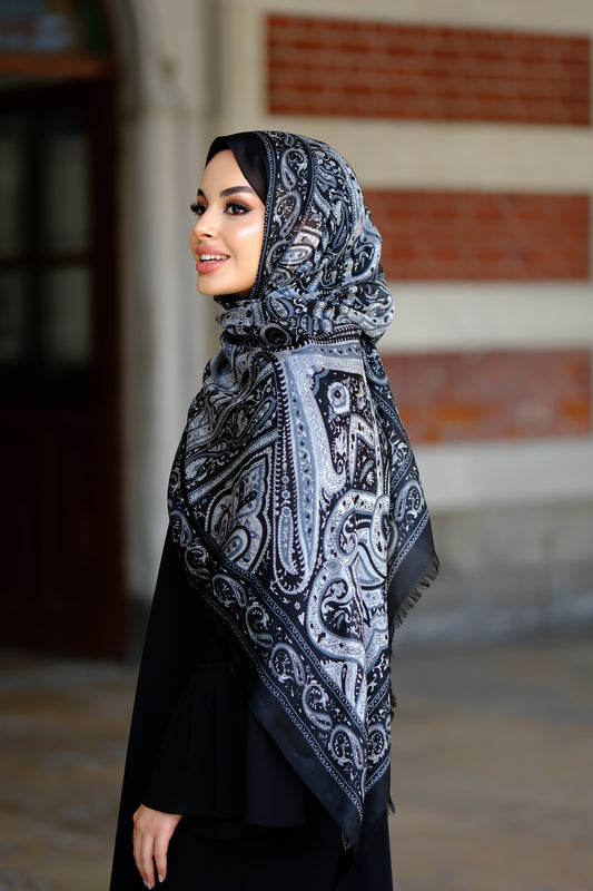 Hint İpeği Şal Hint Tablo Desen Siyah